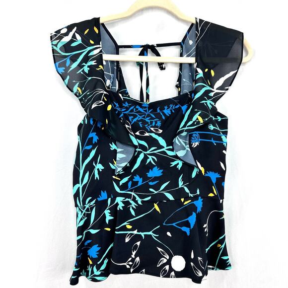 PARKER Jess Floral Print Sleeveless Top Blue Green Ruffle Blouse Size Small NWT - Picture 2 of 9
